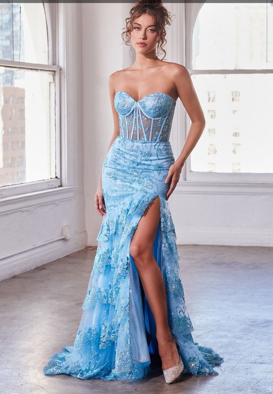 ROBE SIRÈNE SANS BRETELLES À VOLANTS ÉTAGÉS