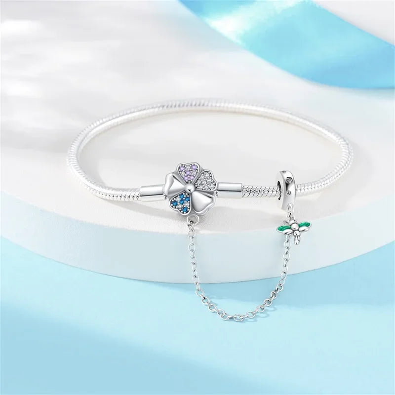 Bracelet à breloques trèfle et libellule en argent sterling avec chaîne de sécurité