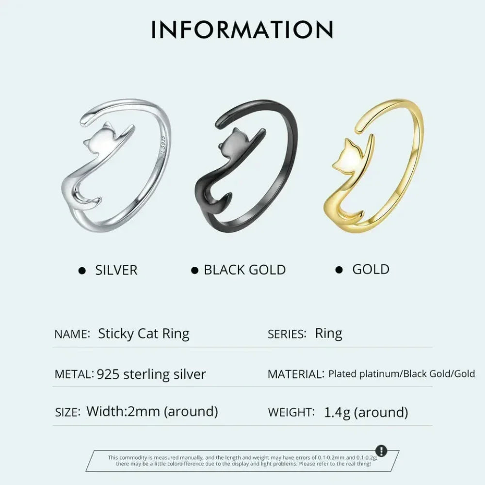 Bague réglable en argent sterling 925 queue de chat