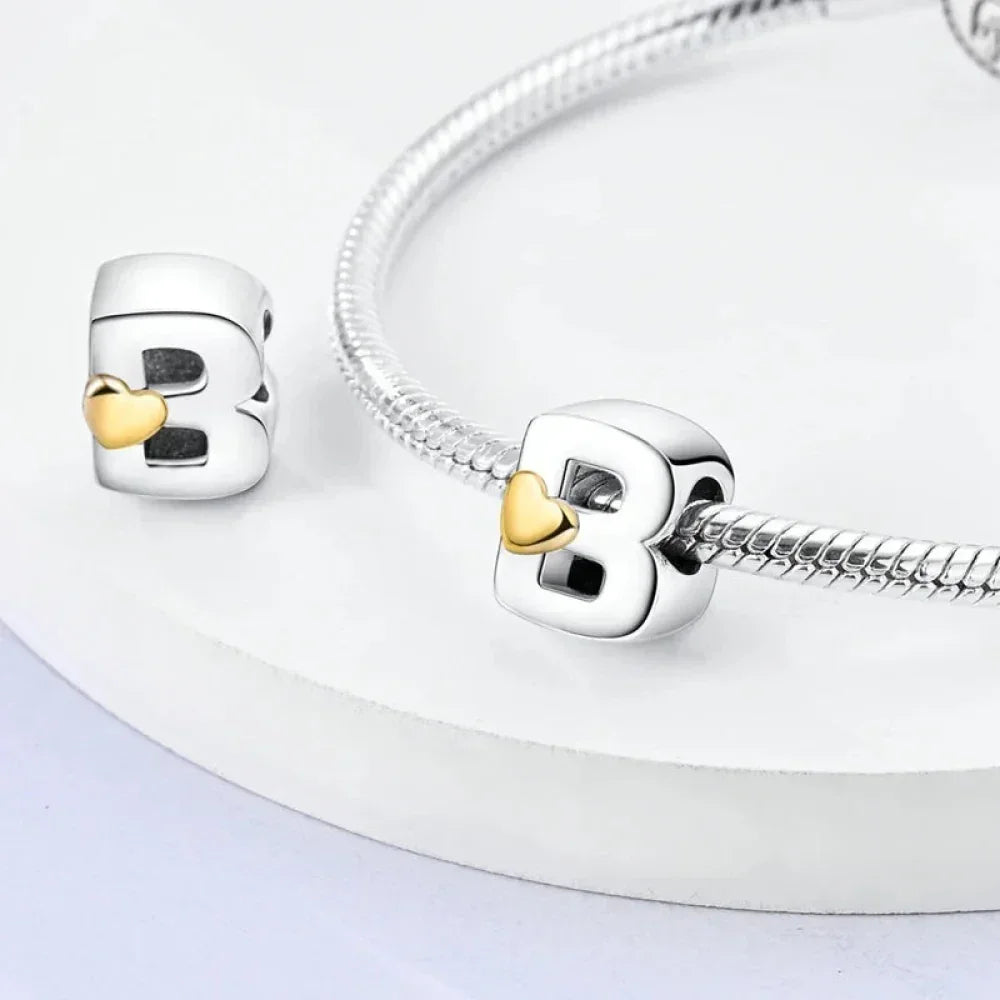 925 Sterling Silver Initial Charm with Gold Heart