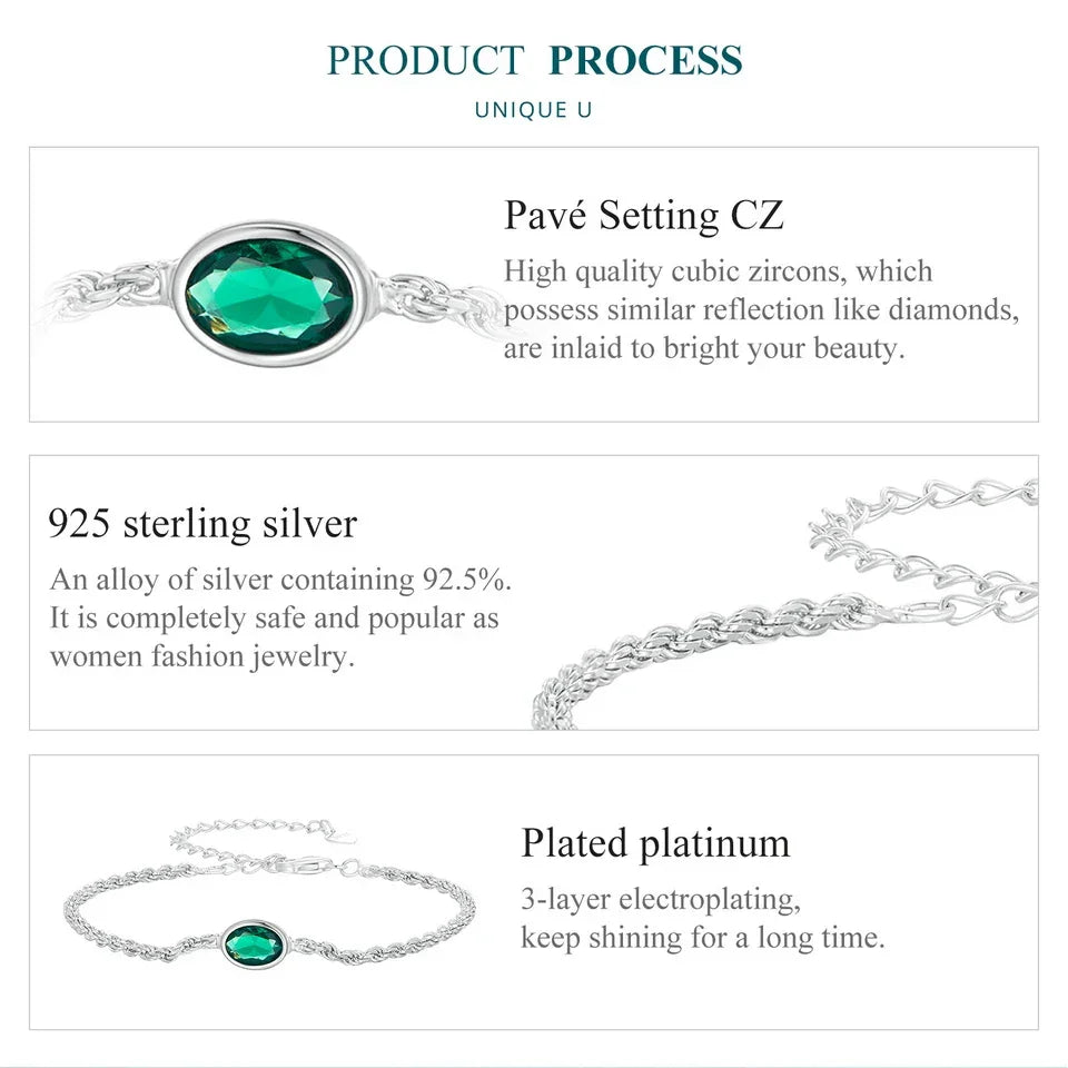 Bracelet Chopin en argent sterling avec zircon vert – ajustable
