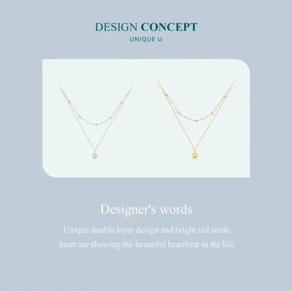 925 Sterling Silver Double Layer Heart Pendant Choker Necklace