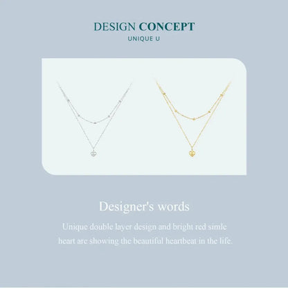 925 Sterling Silver Double Layer Heart Pendant Choker Necklace