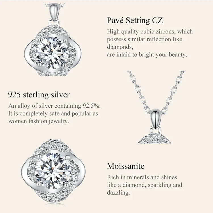 Collier pendentif Trèfle porte-bonheur en argent sterling et moissanite 1 carat