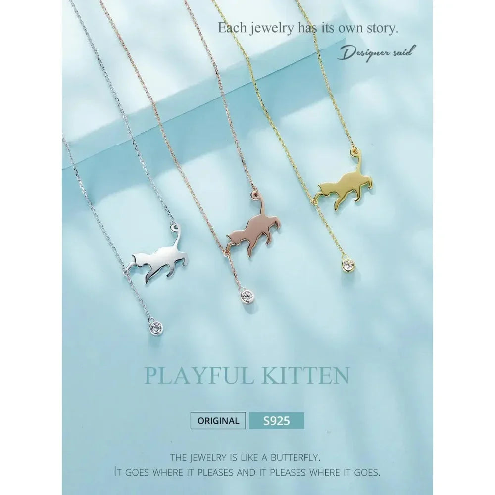 Breathtaking 925 Sterling Silver Cat Necklace | Elegant Pendant Collarbone Jewelry Scn232 In 3 Colors