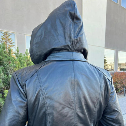 Women's Plus Size Sheep Leather Jacket with Removable Hood
