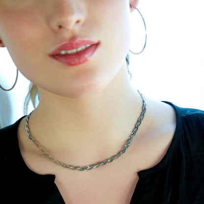 TARA White Gold (Silver Toned): Intertwined Herringbone Snake Skin Textured Necklace.