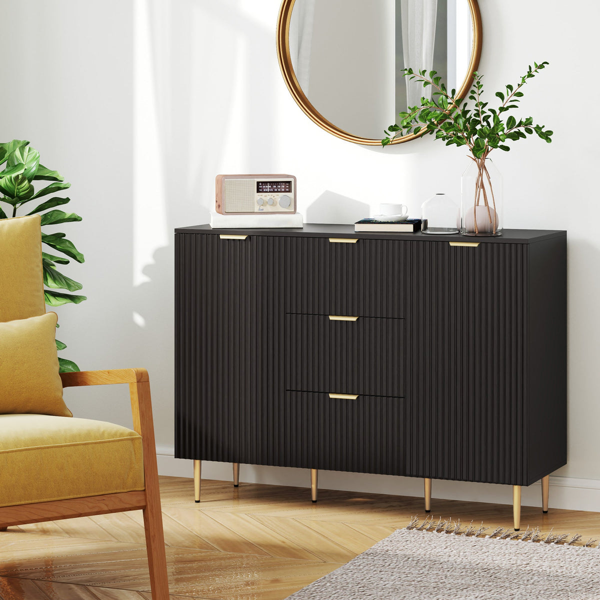 Buffet de cuisine moderne/Meuble de rangement pour couloir Ellis avec 3 tiroirs – Noir