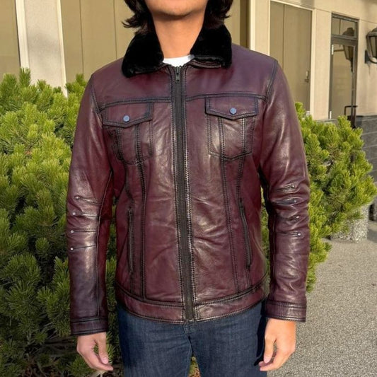 Blouson en cuir de mouton pour homme avec col en fourrure amovible