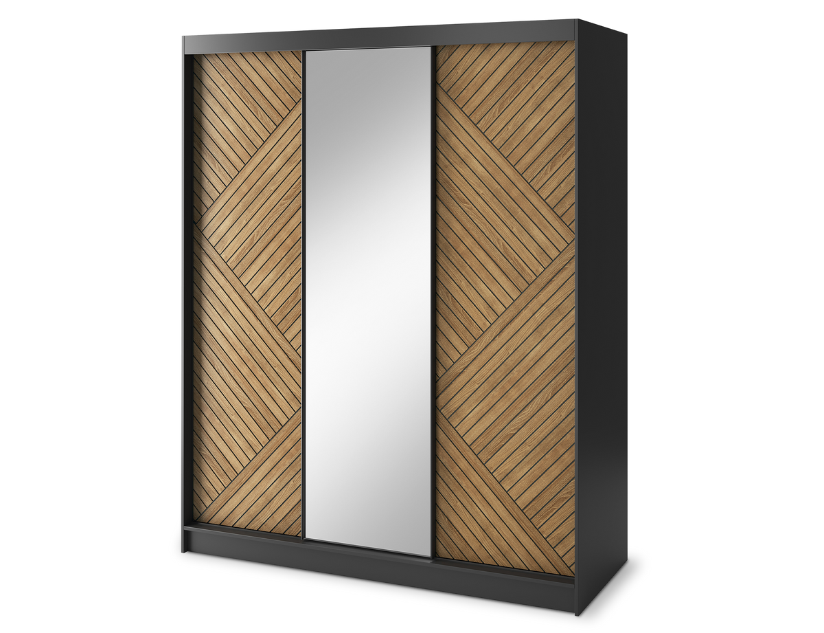Marrphy Mirrored 3 Sliding Door Freestanding Wardrobe - Black/Oak Caramel