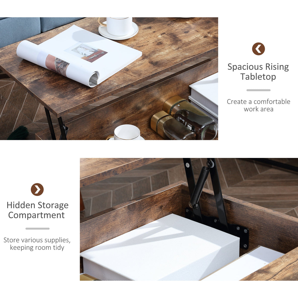 Table basse relevable Reese avec compartiment de rangement caché - Marron rustique