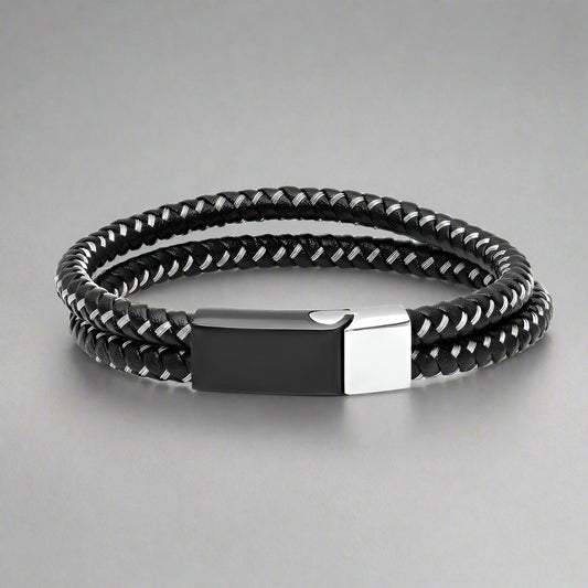 Bracelet tressé en cuir noir et fil d'acier inoxydable pour hommes
