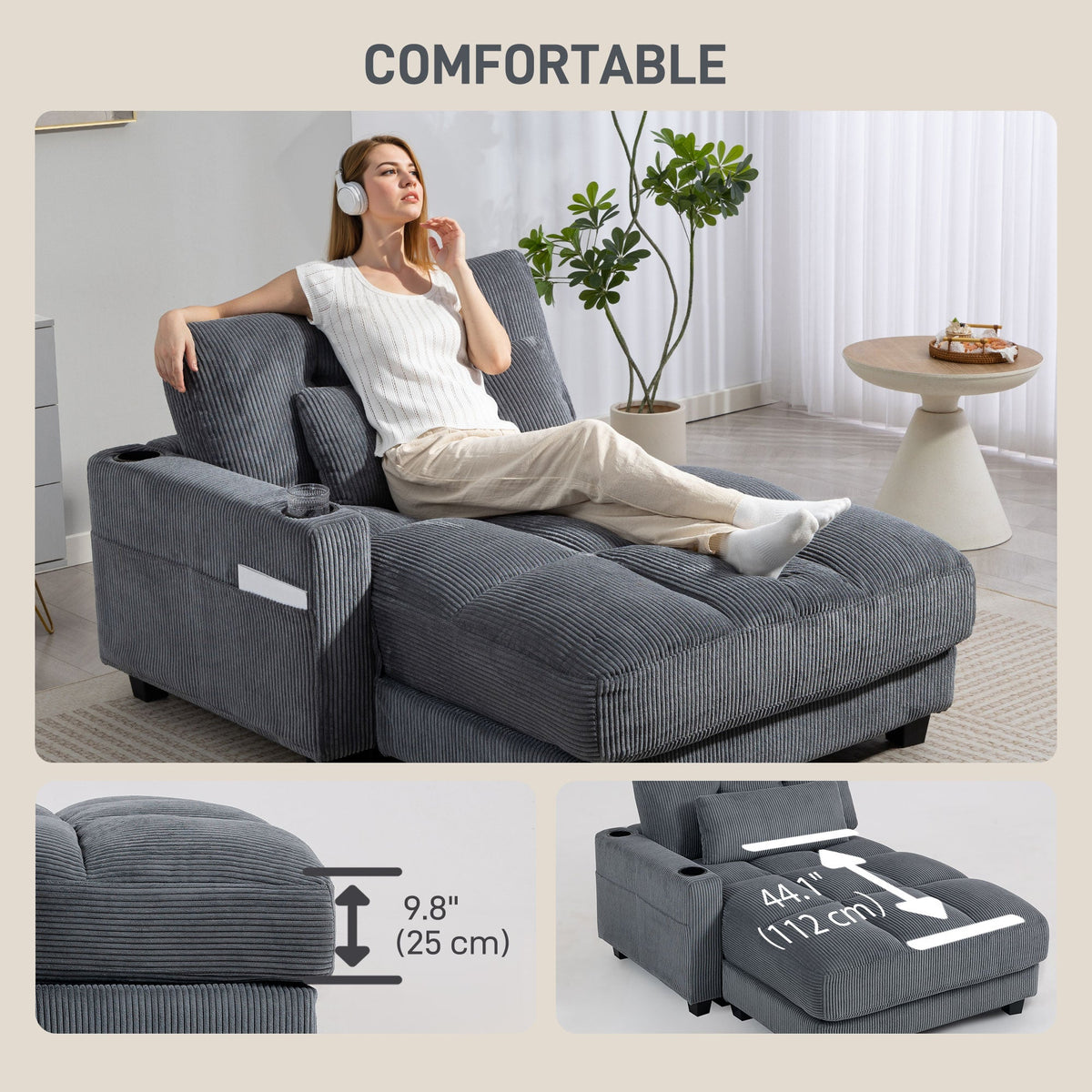 Andi Corduroy Chaise Lounger with 2 Cup Holders-Dark Grey