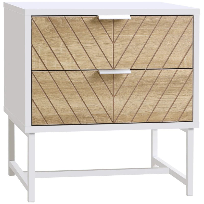 Emery Modern Bedside Table with 2 Drawers and Steel Legs-White/Oak