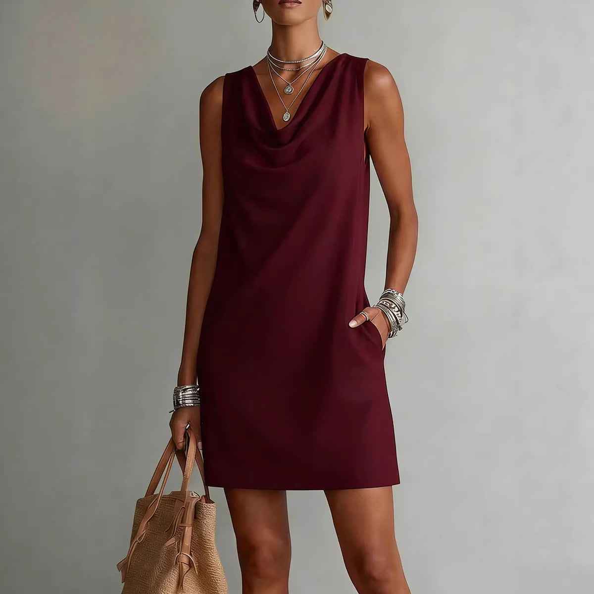 Women's Elegant Summer Dress – Draped Cowl Neck Slim Fit Midi Dress