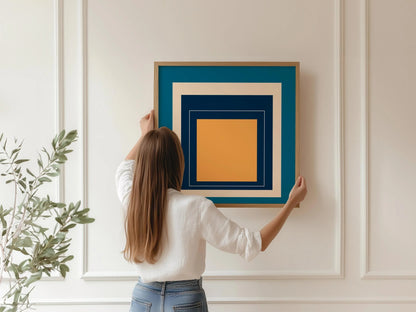 Josef Albers Inspired 'Metro' Giclee Print: Mid-Century Modern Art, Blue & Orange Homage to the Square