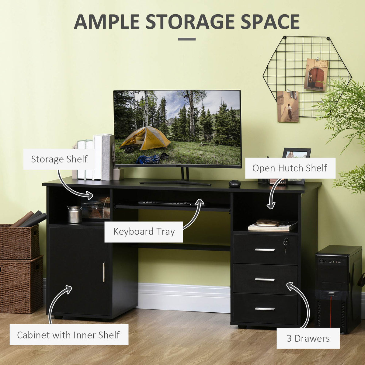 Bureau d'ordinateur Bloom 57" avec plateau coulissant pour clavier et tiroirs de rangement-Noir
