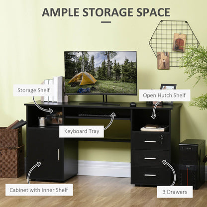 Bureau d'ordinateur Bloom 57" avec plateau coulissant pour clavier et tiroirs de rangement-Noir