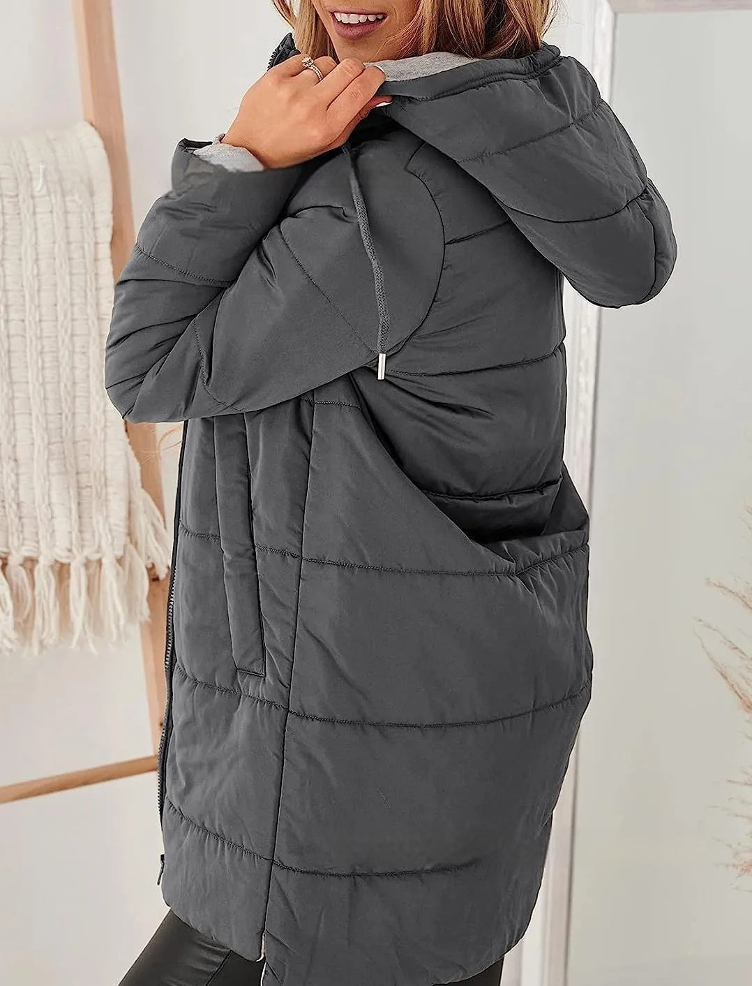 Women’s Hooded Long Cotton Coat with Pockets – Solid Color Casual Winter Jacket