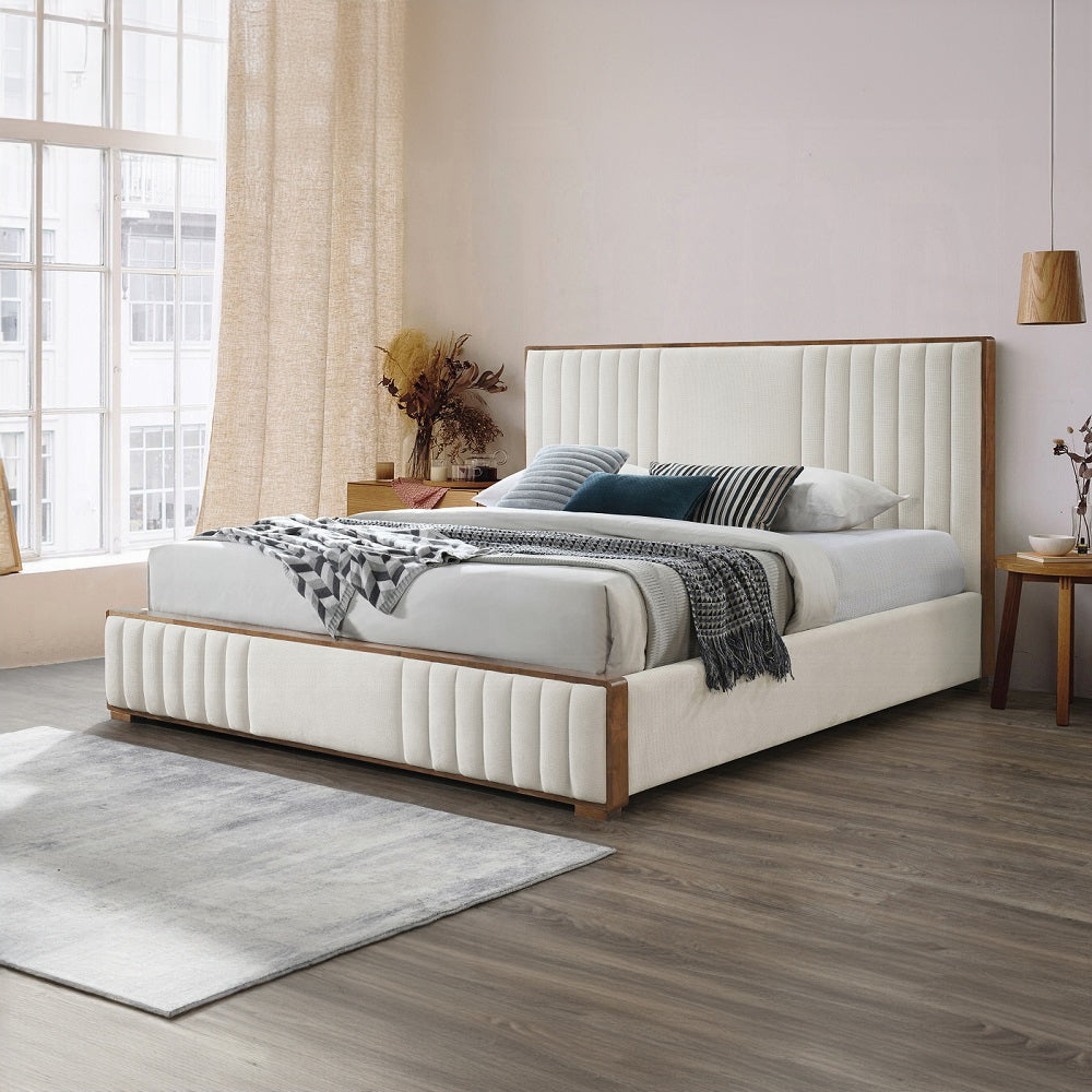 Lit plateforme capitonné Mahi - Beige/Noyer