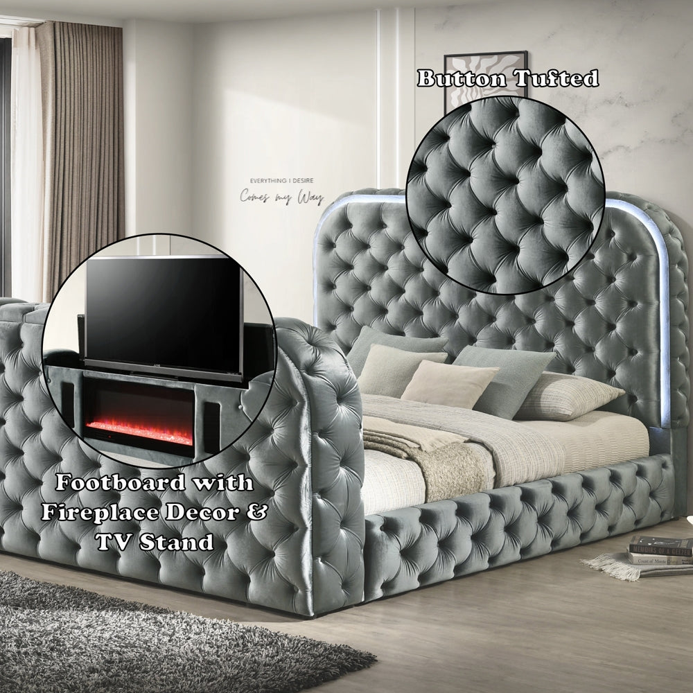 Lit plateforme intelligent Tagus avec LED/cheminée/meuble TV - Gris