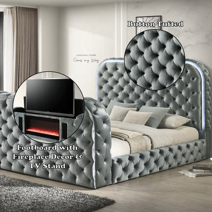Lit plateforme intelligent Tagus avec LED/cheminée/meuble TV - Gris