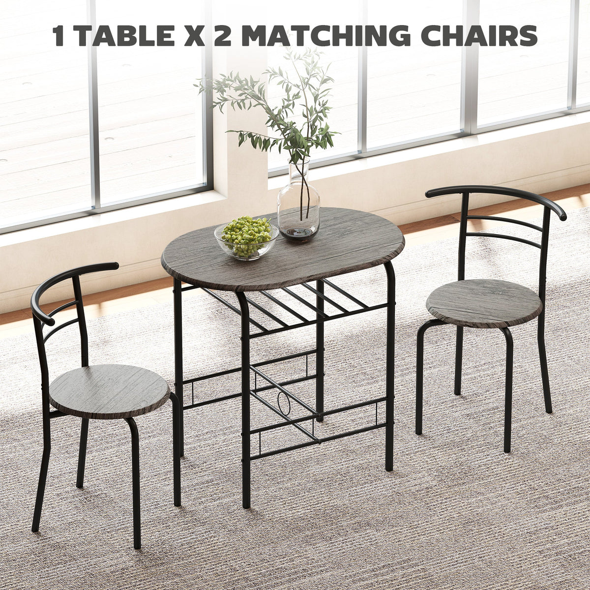 Ensemble de salle à manger 3 pièces Foden avec étagère, pour petits espaces - Gris foncé