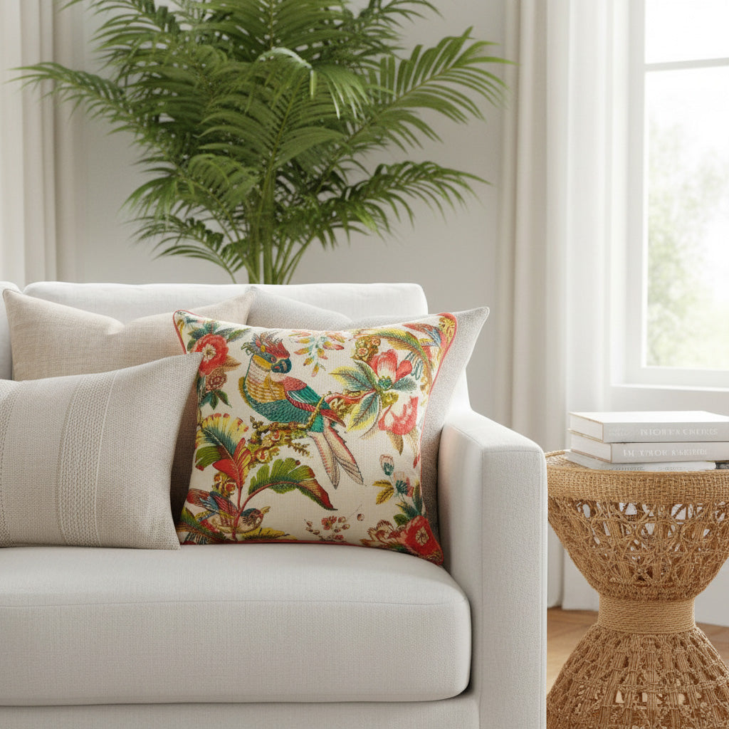 Housse de coussin oiseaux de paradis tropicaux 40x40cm – Broderie Perroquet sur coton, dos en soie de papier