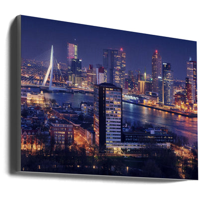 Rotterdam Skyline and Erasmus Bridge at Night Canvas Wall Art | Big Rotterdam 2