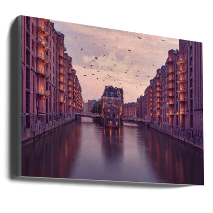 Warm Toned Warehouse Canal Cityscape Canvas Wall Art | City of Warehouses