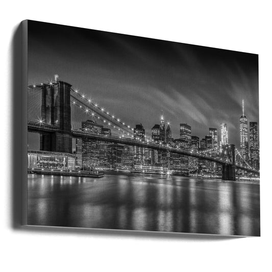 Monochrome Brooklyn Bridge Night Skyline Canvas Wall Art | BROOKLYN BRIDGE Nightly Impressions - Monochrome