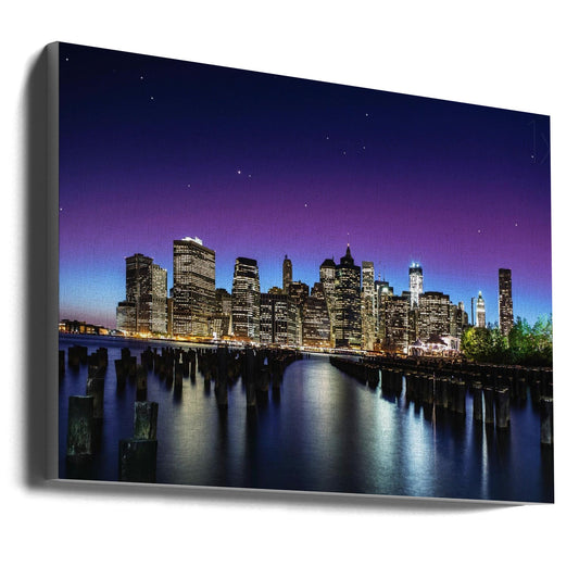 New York Night Skyline and Pier Reflections Canvas Wall Art | New York Sky Line