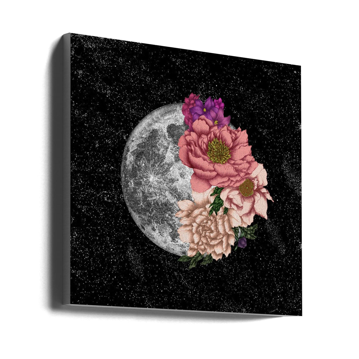 Full Moon with Pink and Cream Flowers Canvas Wall Art | Moon Abloom New Square