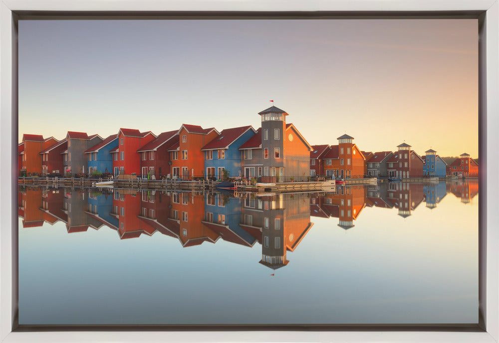 Colourful Waterfront Village Reflections Canvas Wall Art