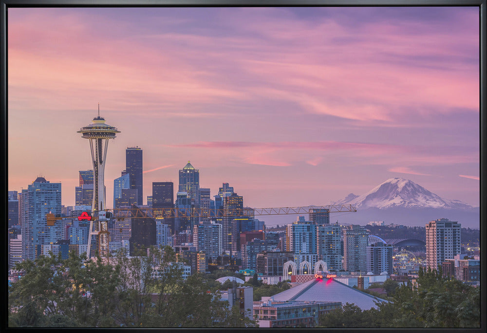 Seattle Skyline with Pink Morning Sky Canvas Wall Art | Good Morning, Seattle!