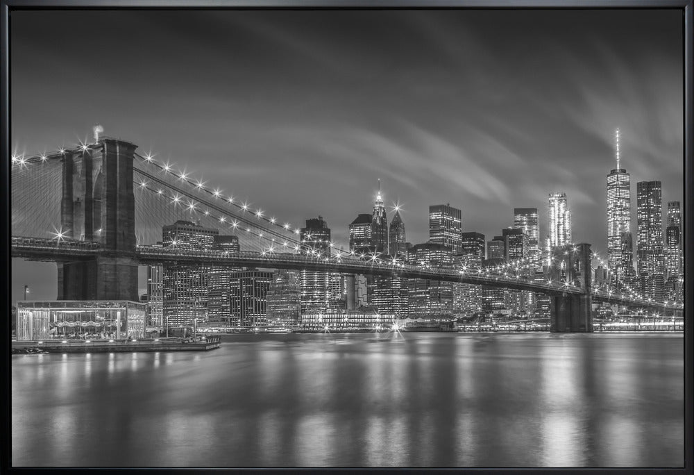 Monochrome Brooklyn Bridge Night Skyline Canvas Wall Art | BROOKLYN BRIDGE Nightly Impressions - Monochrome