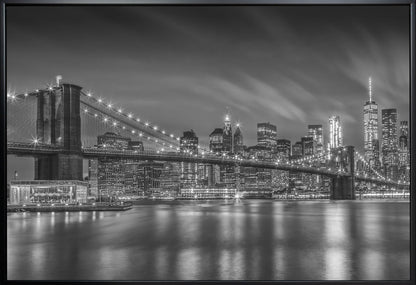 Monochrome Brooklyn Bridge Night Skyline Canvas Wall Art | BROOKLYN BRIDGE Nightly Impressions - Monochrome