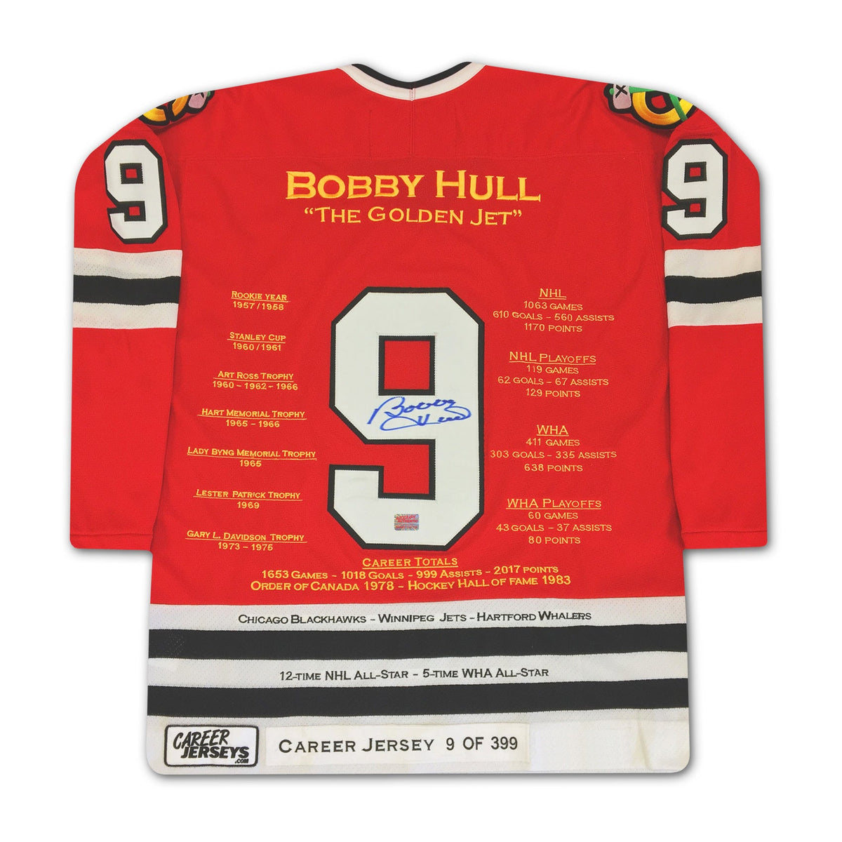 MAILLOT DE CARRIÈRE ROUGE BOBBY HULL #9 SUR 399 - AUTOGRAPHIÉ - CHICAGO BLACKHAWKS
