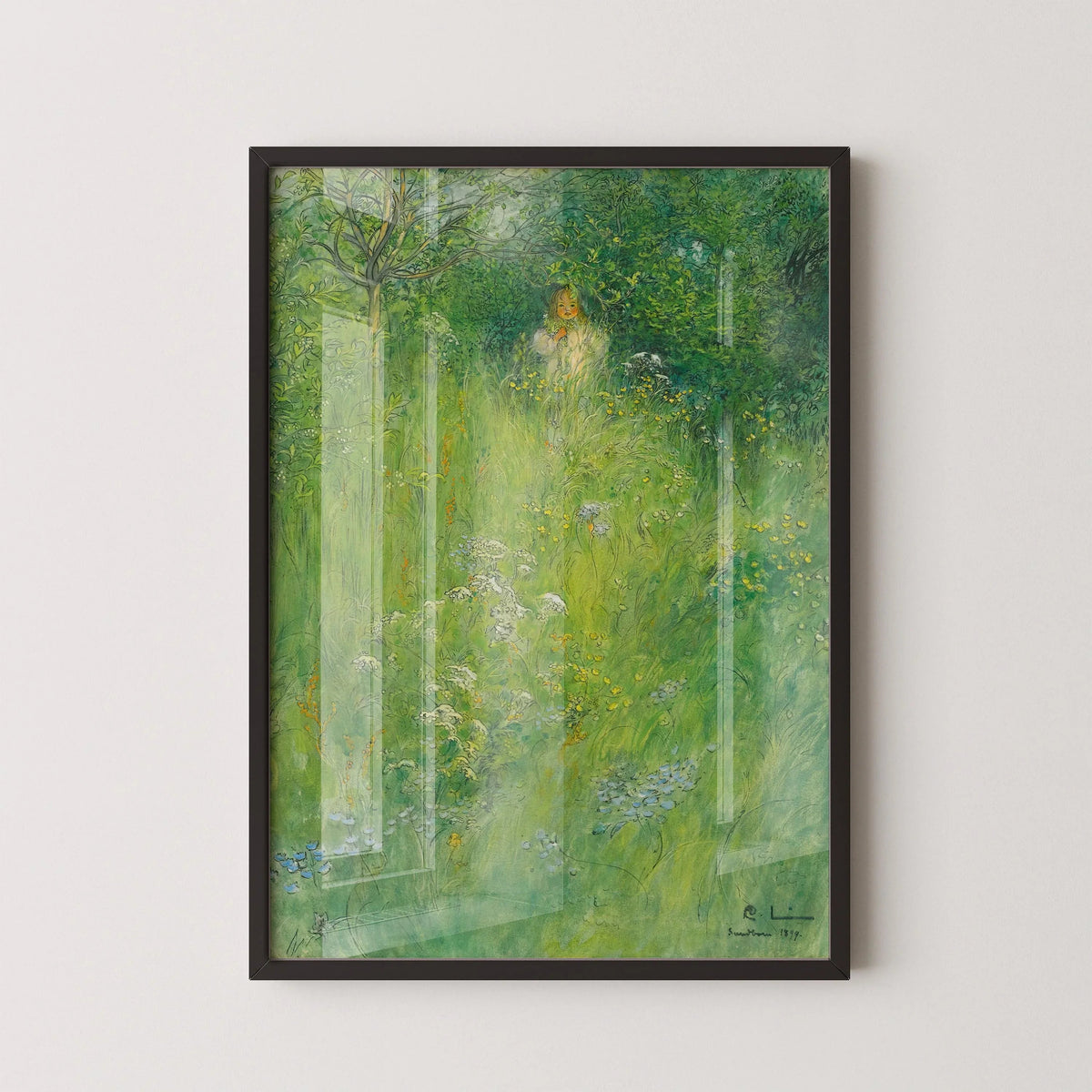 Gravure de Carl Larsson : Kersti dans la prairie, Art de conte de fées vert