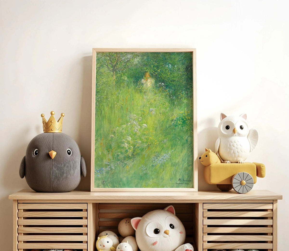Gravure de Carl Larsson : Kersti dans la prairie, Art de conte de fées vert