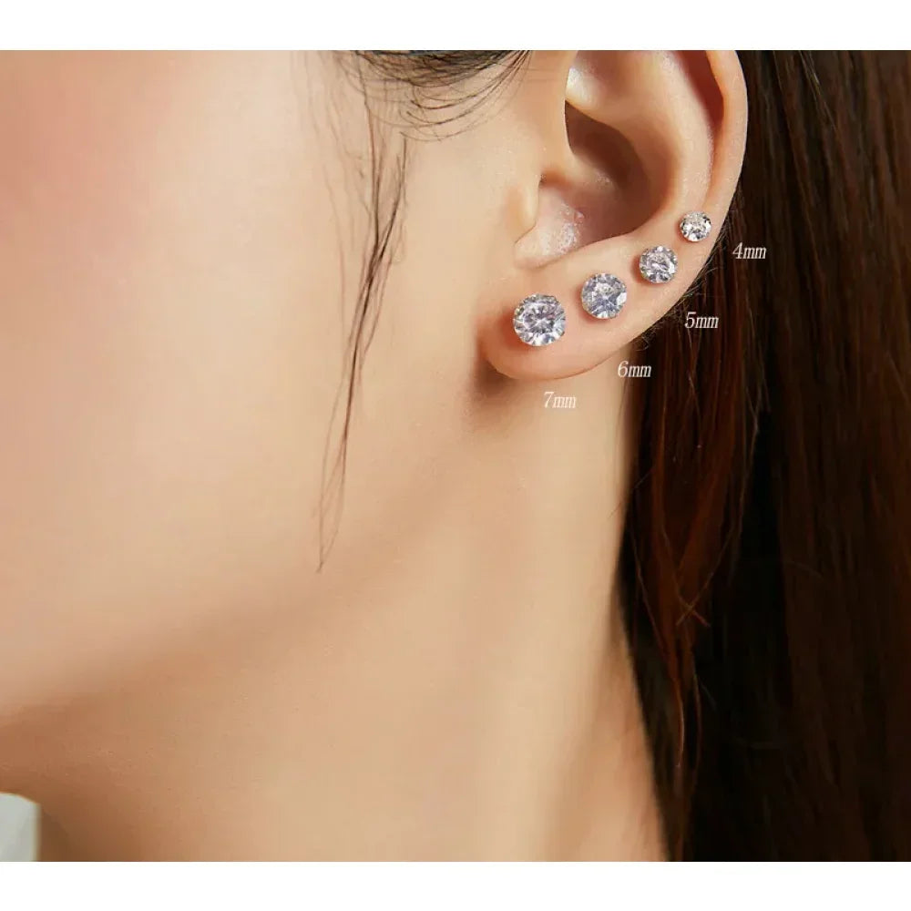 Boucles d'oreilles clous Cz - Argent sterling 925 plaqué platine - Zircons cubiques ronds hypoallergéniques 4mm 5mm 6mm 7mm Bse166