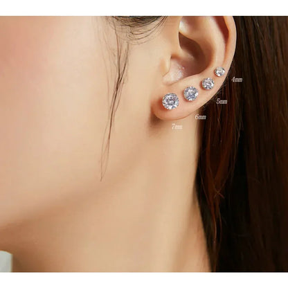 Boucles d'oreilles clous Cz - Argent sterling 925 plaqué platine - Zircons cubiques ronds hypoallergéniques 4mm 5mm 6mm 7mm Bse166