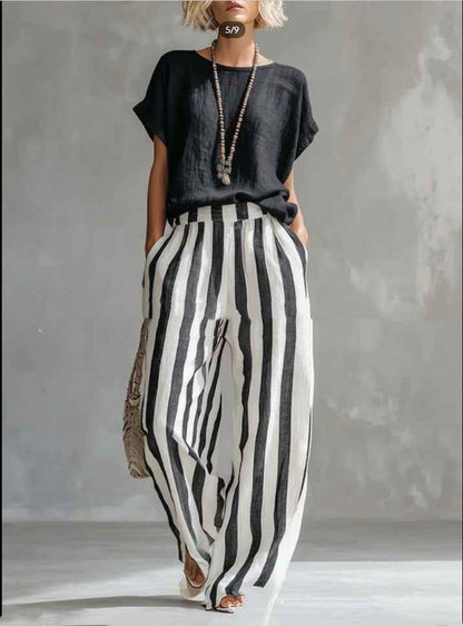 Women's Summer Two Piece Set – Short Sleeve Top with Striped Straight Leg Pants