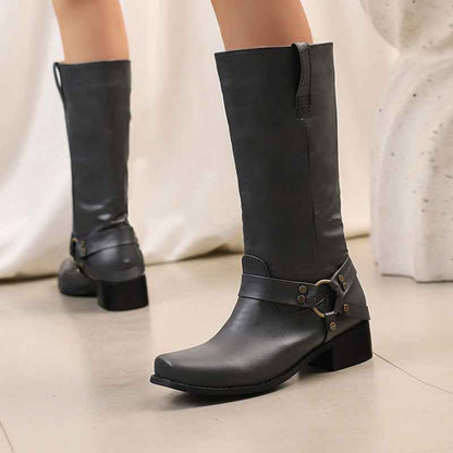 Women’s Square Toe Mid-Calf Boots – Stylish Suede Denim Boots for Fall & Winter