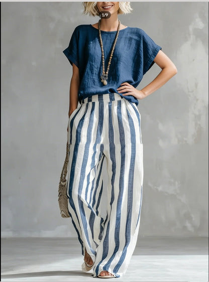 Women's Summer Two Piece Set – Short Sleeve Top with Striped Straight Leg Pants