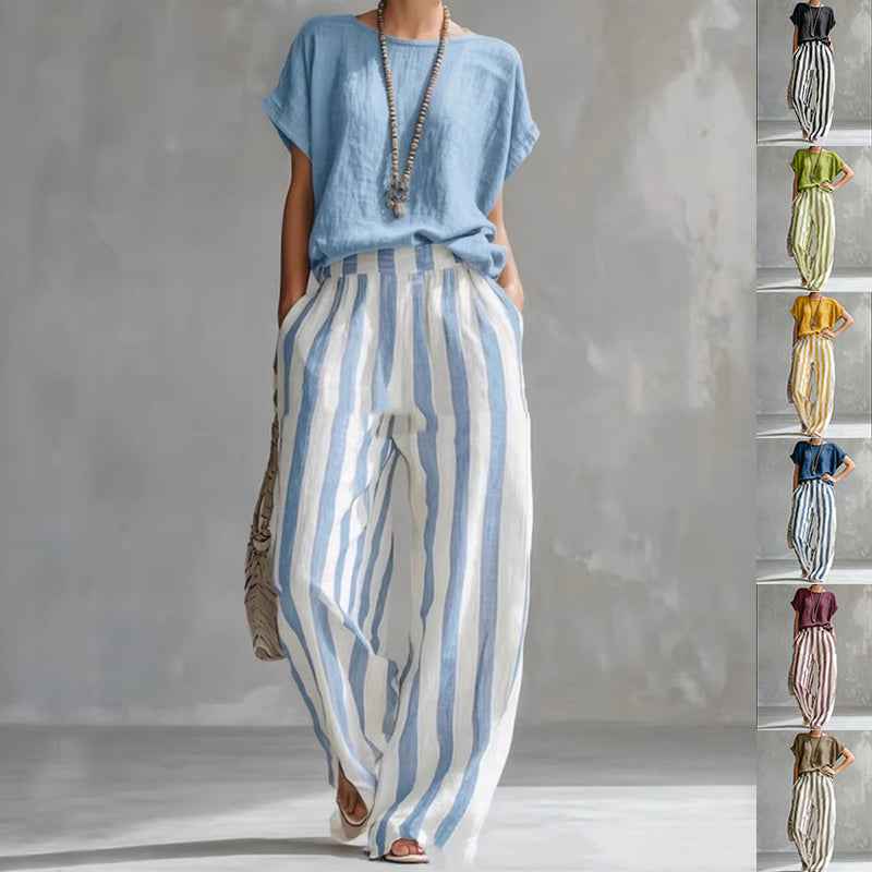 Women's Summer Two Piece Set – Short Sleeve Top with Striped Straight Leg Pants