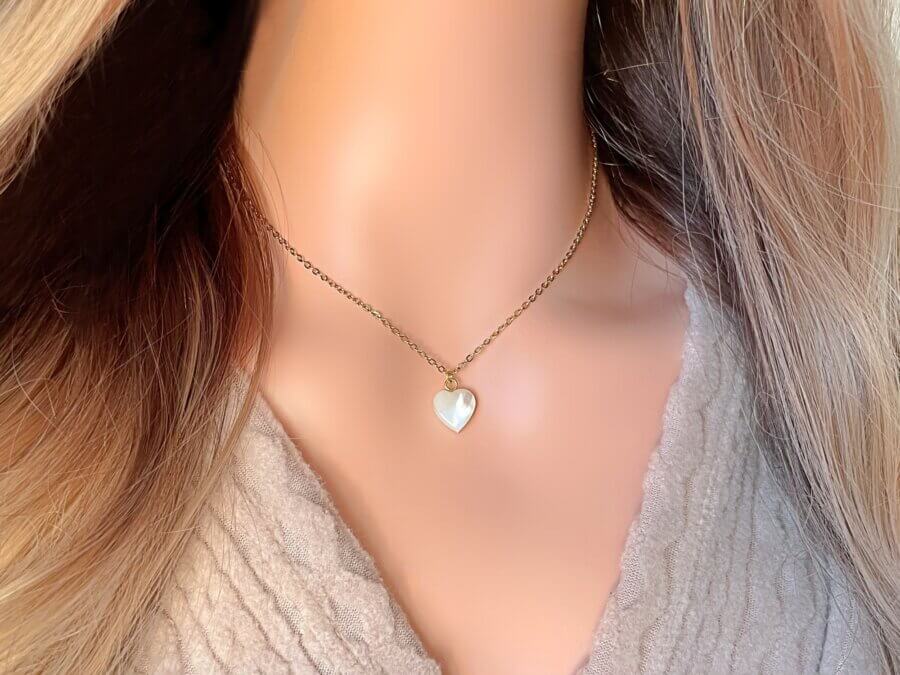 Collier Coeur Coquillage Naturel Or 24 carats
