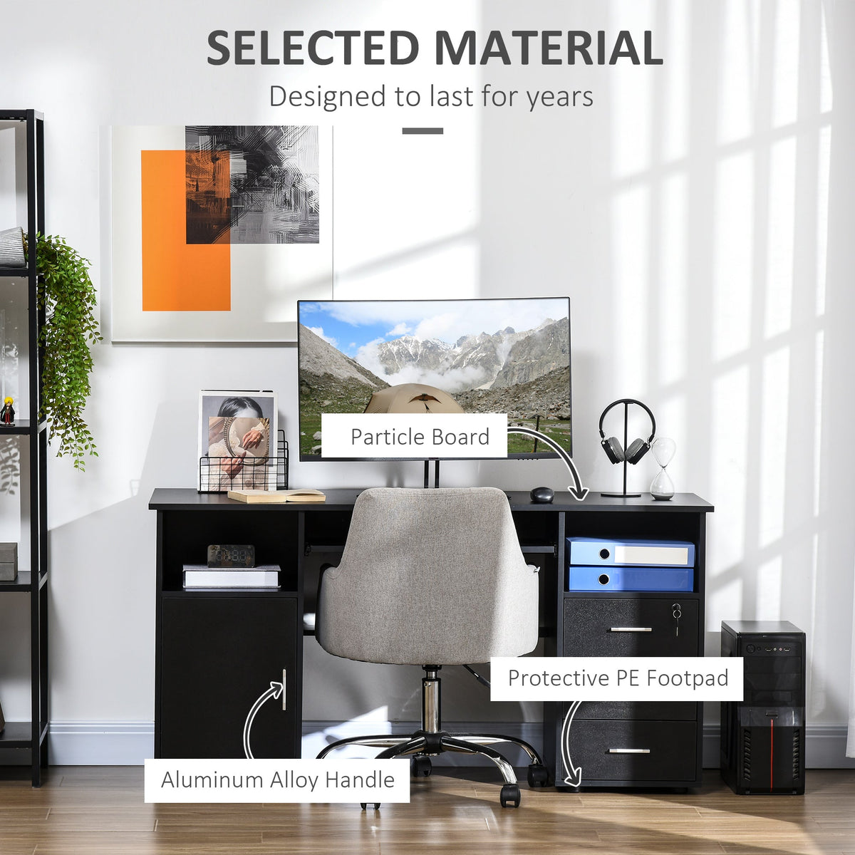 Bureau d'ordinateur Bloom 57" avec plateau coulissant pour clavier et tiroirs de rangement-Noir