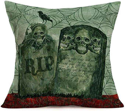 Halloween Skull Throw Pillow Cover – Gray Green Tombstone Cushion Cover