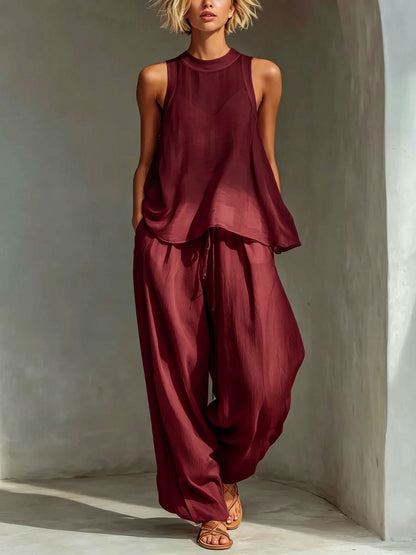 Sheer Round-neck Sleeveless Tank Top And Drawstring Wide-leg Pants Set